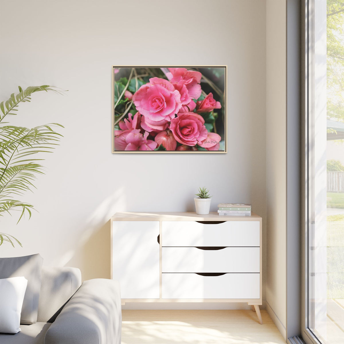 Pink Flowers - Matte Canvas, Framed (Natural)
